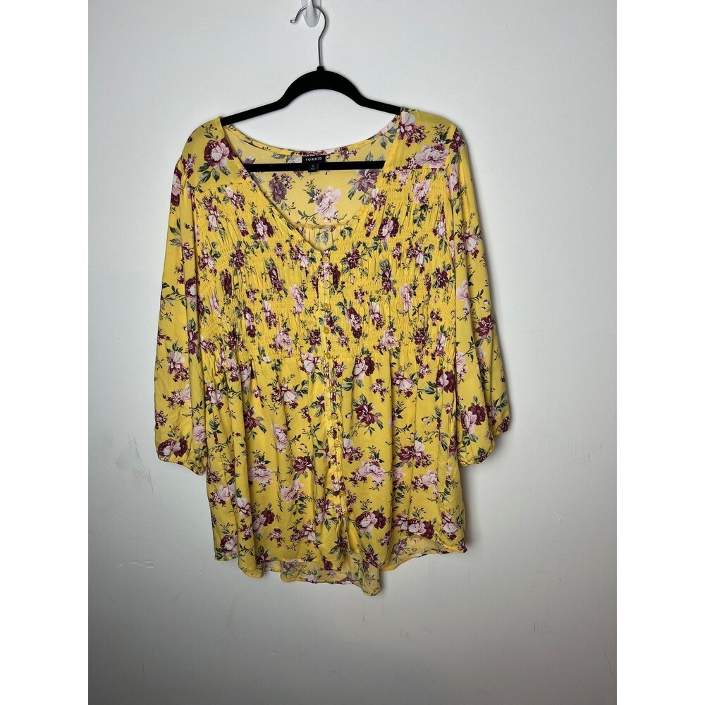Torrid Shirt Womens 2X Yellow Floral Smocked Button Front Peasant 3/4 Sleeve‎